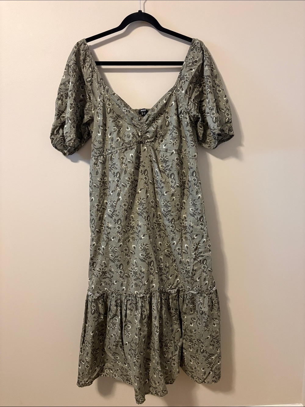 Mexx Olive Green Floral Maxi Dress with Puff Sleeves